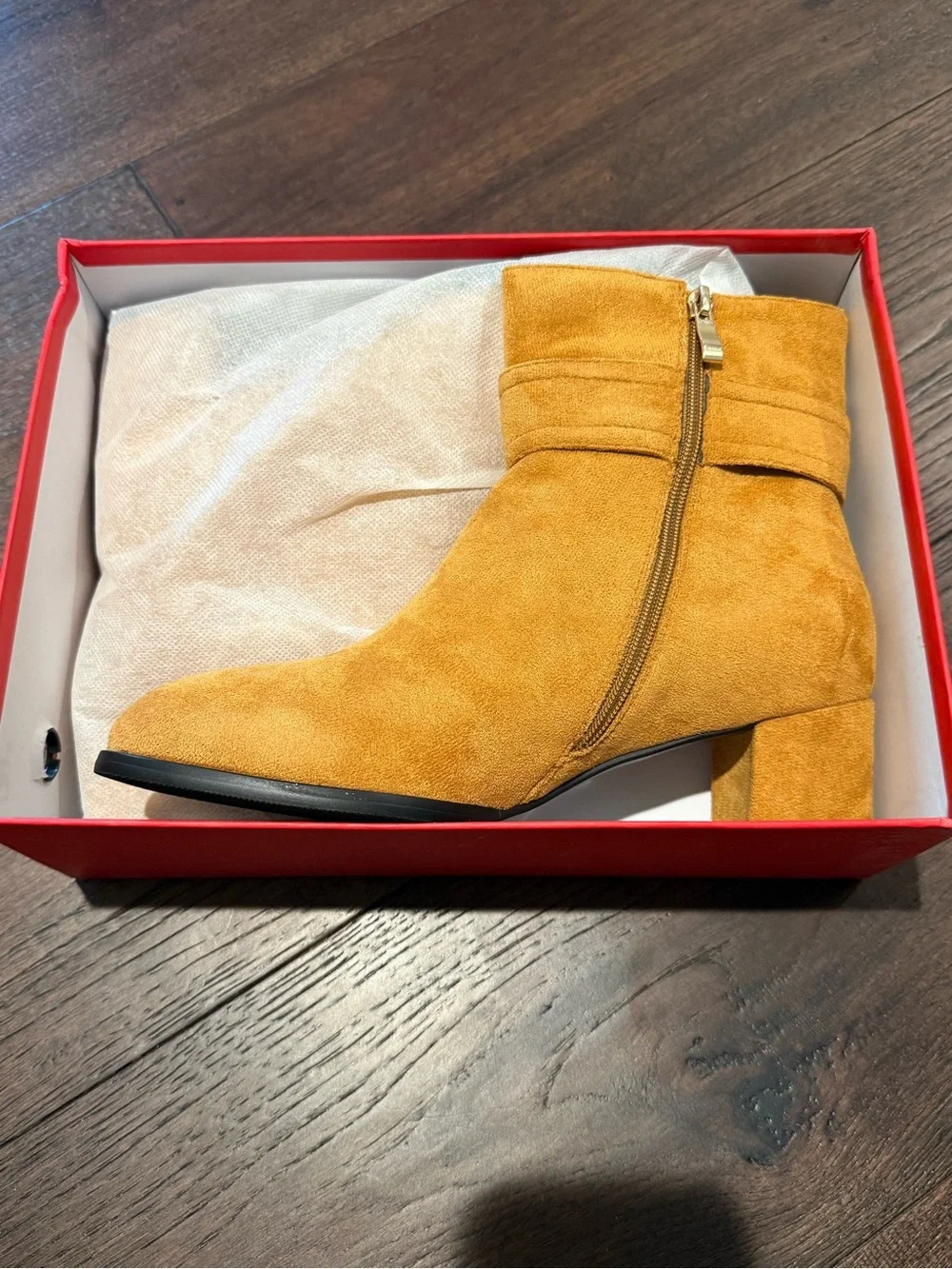 MOVINSTEPS Low Chunky Heel Suede Ankle Boot in Mustard